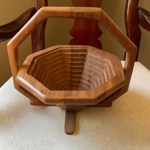 Vintage collapsible walnut accordion hand carved fruit basket, bread basket